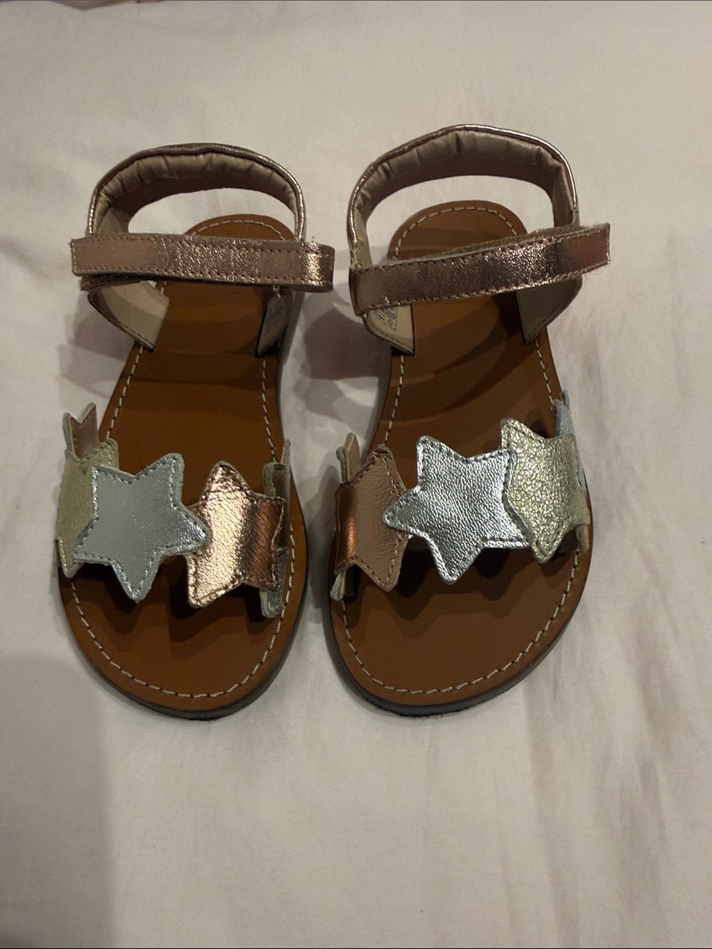 Kids Boden Leather Metallic Star Strap Sandals - Silver, Gold & Rose Gold